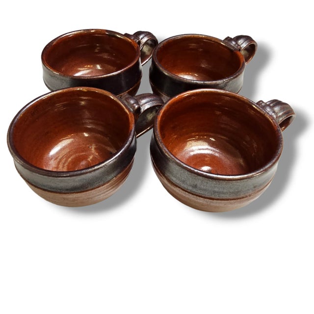 Studio Pottery Iridescent Brown Ceramic Coffee Cups Set of 4 For Sale In San Francisco - Image 6 of 13