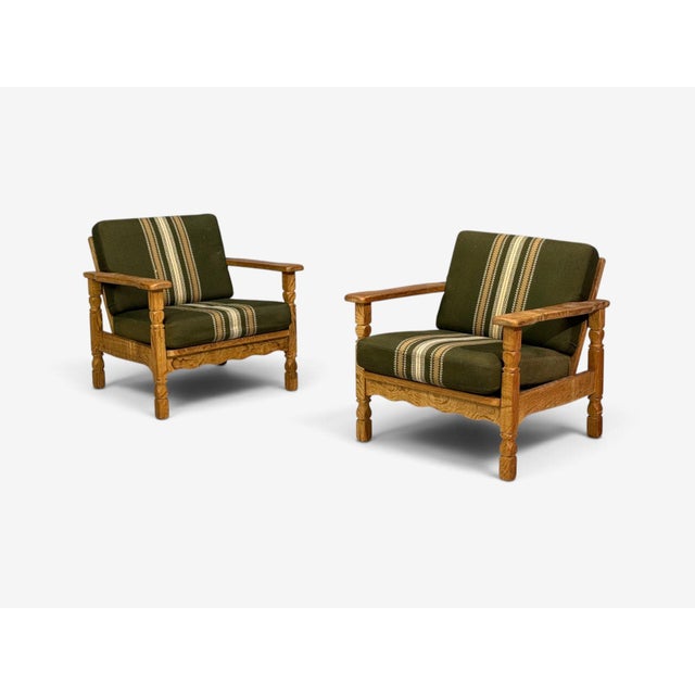 Mid-Century Modern Henning Kjaernulf Style, Lounge Chairs, Oak, Fabric, Denmark, 1970s For Sale - Image 3 of 13