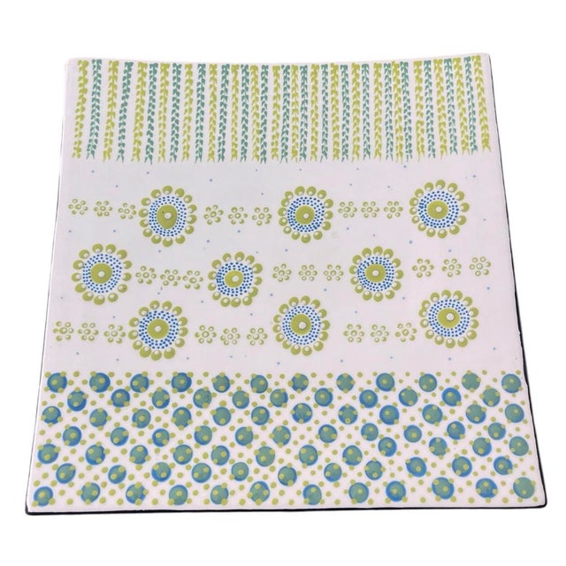2000 - 2009 Vintage South African Hand-Painted Ceramic Square Platter – Blue & Lime Green Dot Art For Sale - Image 5 of 12