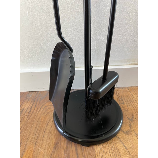 Mid-century modern fireplace tool set featuring three tools — poker, brush, and shovel — with substantial solid oak...