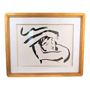 Vintage Jay Spectre Framed and Signed Abstract Brushstroke Ink Drawing of Woman