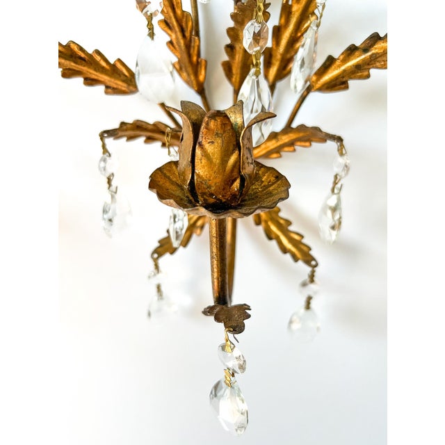 Metal Mid Century Italian Gold Gilt Tole & Crystal Wall Sconces — Hollywood Regency / Italian Florentine Style For Sale - Image 7 of 11
