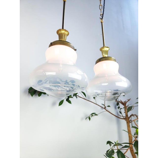 Gold Brass and Murano Semi Translucent Glass Pendant Light, 1950s For Sale - Image 8 of 9