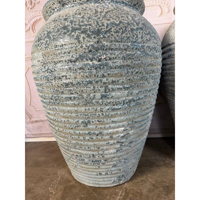 Spanish Pair of Antique Weathered Terracotta Garden Urns With Blue Patina For Sale - Image 3 of 12