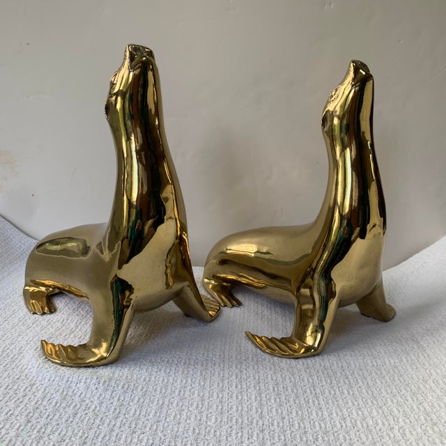 Mid-Century Modern 1970s Solid Brass Sea Lion Bookends, Figurines, Sarried Ltd, Large 11” High For Sale - Image 3 of 16