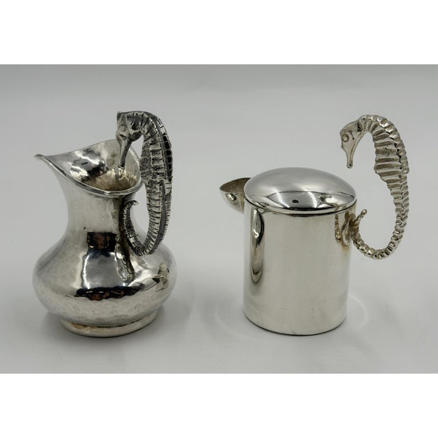 1950s Los Castillo Taxco Seahorse Silver Plate Creamer & Sugar Set For Sale - Image 12 of 18