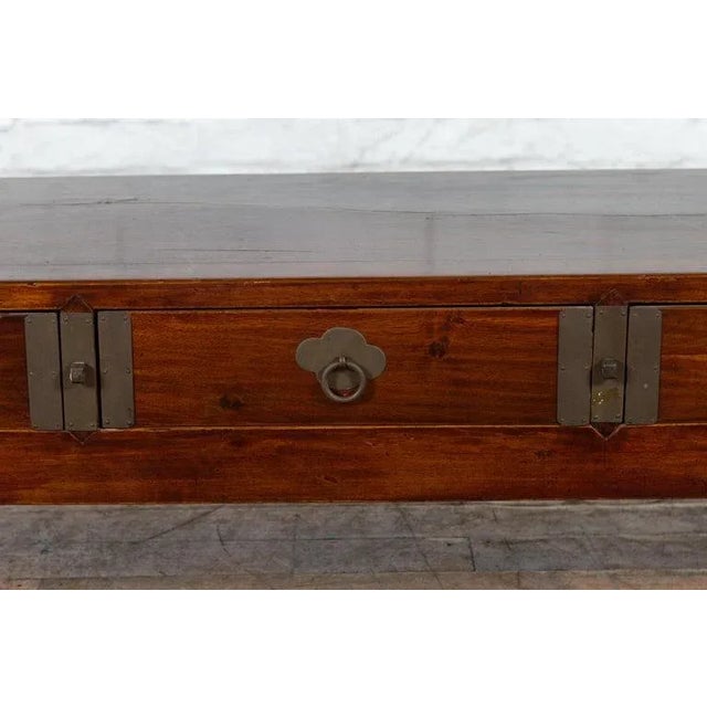 Early 20th Century Late Qing Dynasty Chinese Low Kang Waterfall Table with Drawers & Brass Plates For Sale - Image 9 of 13