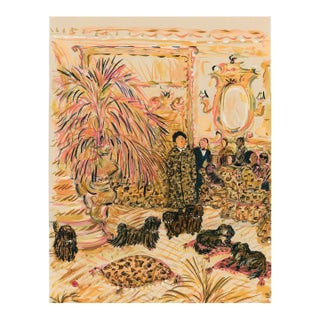 Leopard Coat Lady With Her Dogs Original Watercolor by Pauline De Roussy De Sales For Sale