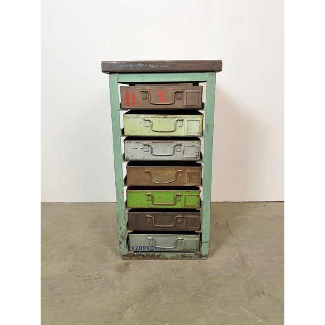 This vintage Industrial iron chest of drawers was made in former Czechoslovakia during the 1950s. It features an iron...