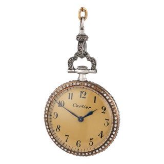 1910s Rare Cartier Edwardian Diamond Enamel Pearl 18k Yellow Gold Watch Pendant For Sale