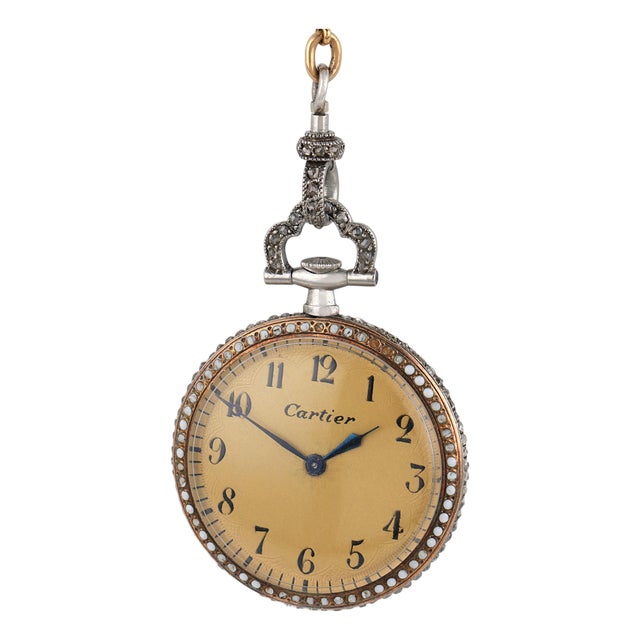 1910s Rare Cartier Edwardian Diamond Enamel Pearl 18k Yellow Gold Watch Pendant For Sale