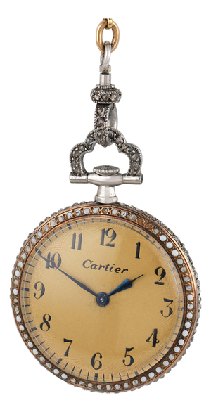 1910s Rare Cartier Edwardian Diamond Enamel Pearl 18k Yellow Gold Watch Pendant