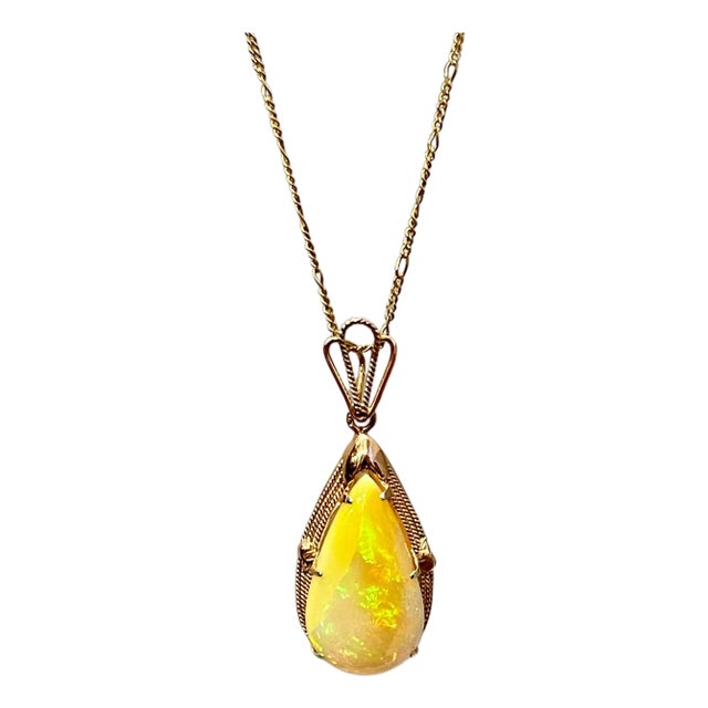 18 Carat Pear Ethiopian Opal Pendant / Necklace 14 Karat Yellow Gold Estate For Sale