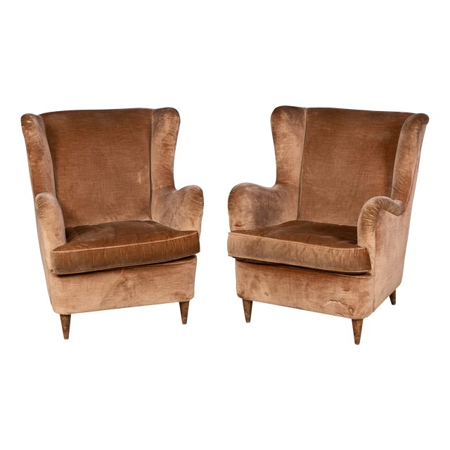 Vintage Italian Velvet Wingback Armchairs, 1960, Set of 2 For Sale