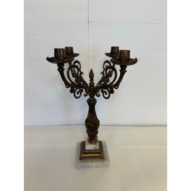 Mid 20th Century Vintage 4 Arm Brass Candelabra Mounted on Square White Marble Base For Sale - Image 5 of 5