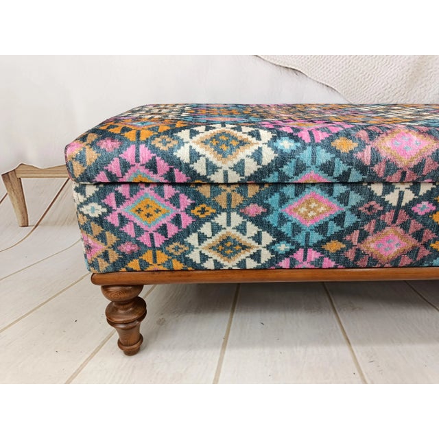 Mediterranean Aztec Design Rug Print Fabric Upholstered Cushioned Storage Bench For Sale - Image 3 of 8