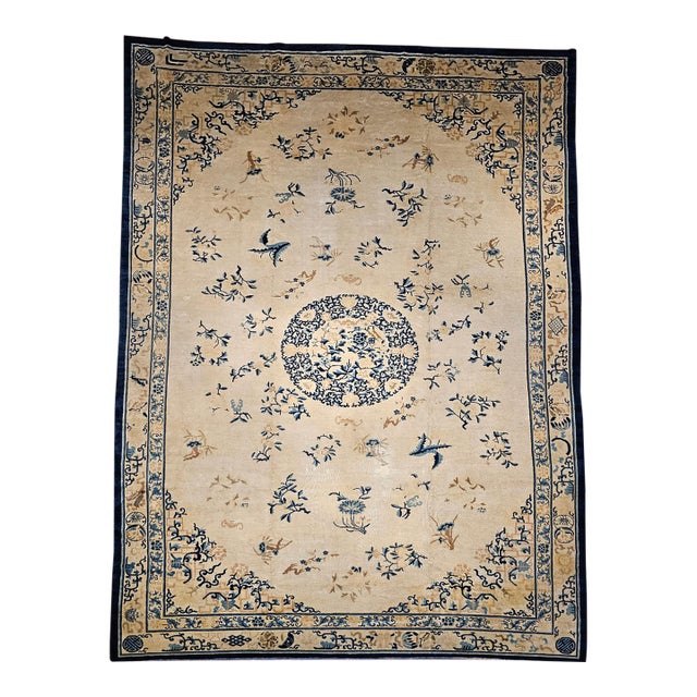 Antique Chinese Peking Oversize Rug, Wool on Cotton, All-Over Floral Design, Ivory & Blue, 12' X 18' For Sale
