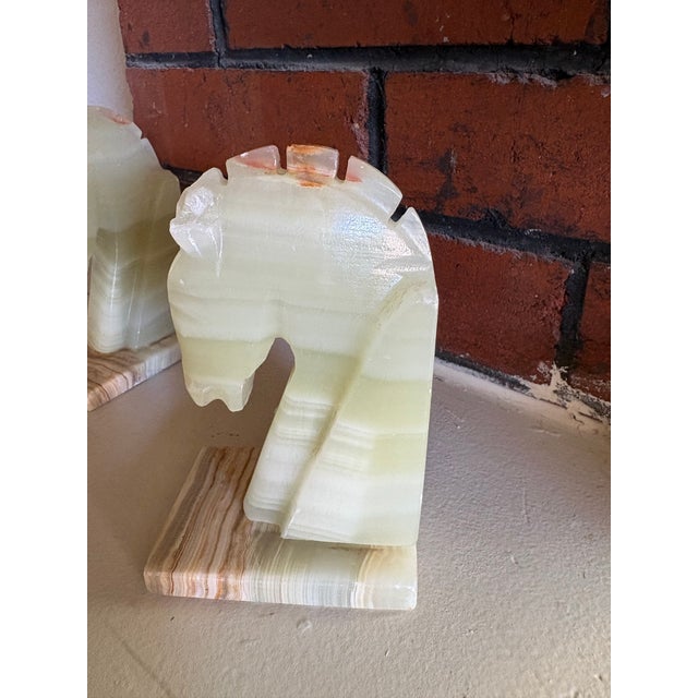 Vintage Onyx Horse Head Bookends Pair – Banded Stone Chess Knight Sculptures For Sale - Image 10 of 16