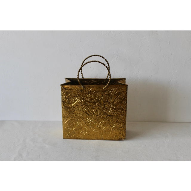 1970s Sarreid Ltd Style Embossed Brass Shopping Tote Bag Magazine Holder For Sale - Image 11 of 11