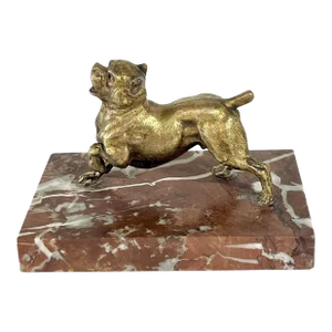 Antique Art Deco Bronze French Bulldog Dog Statue on Red Marble Base