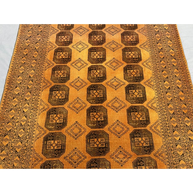 Islamic Vintage Afghan Turkoman Bokhara Rug – Tribal Geometric Wool Golden Living Room Carpet For Sale - Image 3 of 9