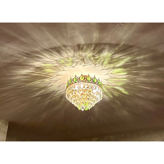 Vintage Emerald Green & Clear Crystal Crown Flush Mount Chandelier – 3 Light For Sale - Image 13 of 17
