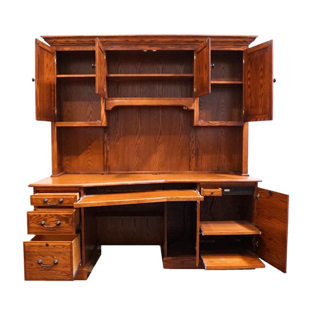 Early 21st Century Winners Only Solid Oak Rustic Early American Country Style 74" Computer Desk W. Cabinet Storage Top For Sale - Image 5 of 18