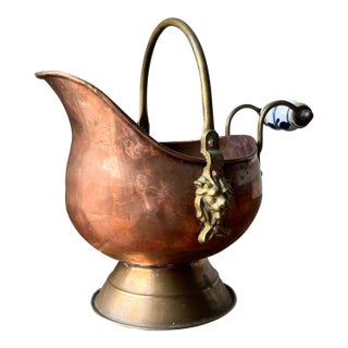 Vintage Copper and Brass Coal Scuttle Bucket With Brass Lion Accent and Ceramic Porcelain Delft-Like Handle For Sale