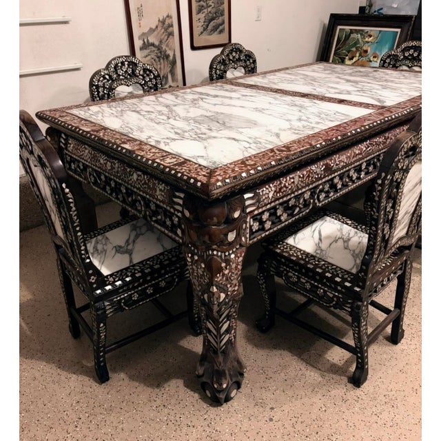 1950s Vintage Chinese Rosewood Mother-of-Pearl Inlaid Dining Set – Rectangular Table + 6 Chairs With Marble Tops For Sale - Image 5 of 12