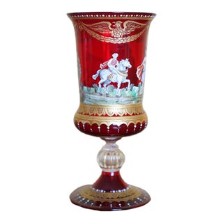 Vintage Italian Murano Hand Enameled Ruby Glass Chalice For Sale