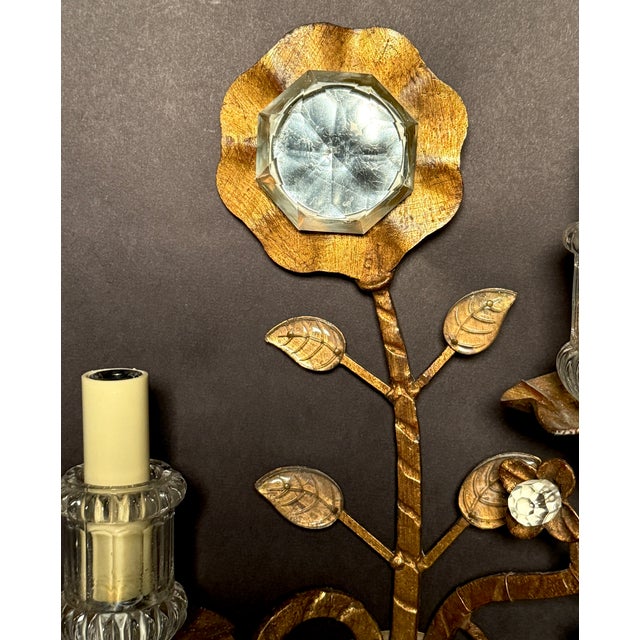 Late 20th Century Late 20th Century Pair of Maison Bagues Gilt Metal and Glass Floral Wall Sconces For Sale - Image 5 of 12