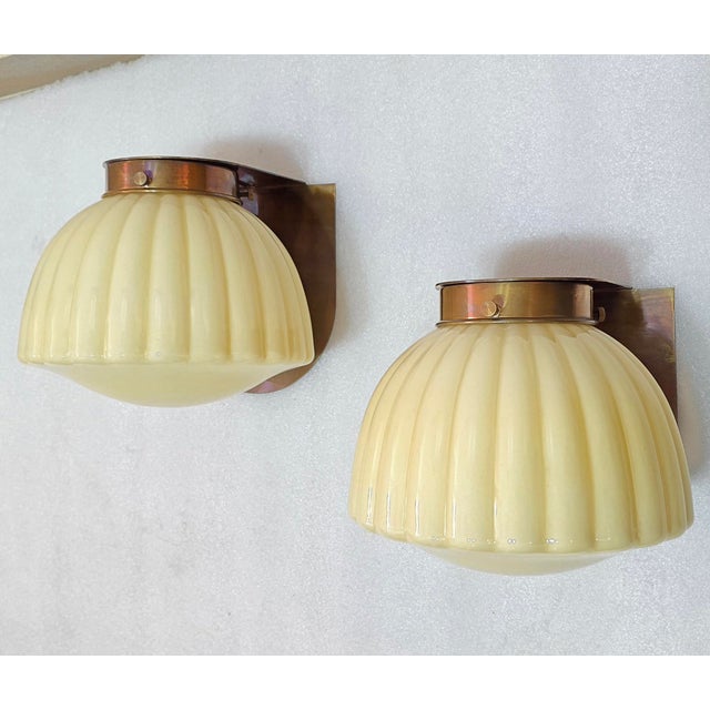 Cream Pair Vintage Art Deco Light Old Lamp Wall Sconces Fixture Brass & Ribbed Cream Milk Glass Shade Lamp Ship Light For Sale - Image 8 of 8