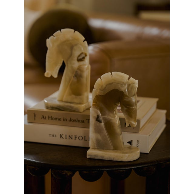 Alabaster Vintage Mid-Century Modern Hand Carved Honey Onyx Horse Head Bookends For Sale - Image 8 of 9