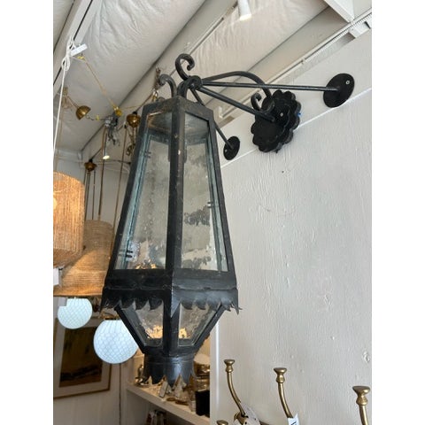Vintage Iron Lantern Wall Sconces With Glass Seeded Panels - a Pair For Sale - Image 15 of 17