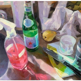 Bodegon by Yana Beylinson | Oil on board Still life with bottles and fruit on a table For Sale