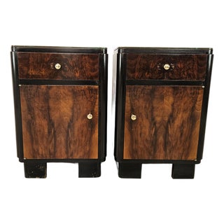 Art Deco Bedside Tables in Walnut Burl with Pink Glass Tops, 1940, Set of 2 For Sale