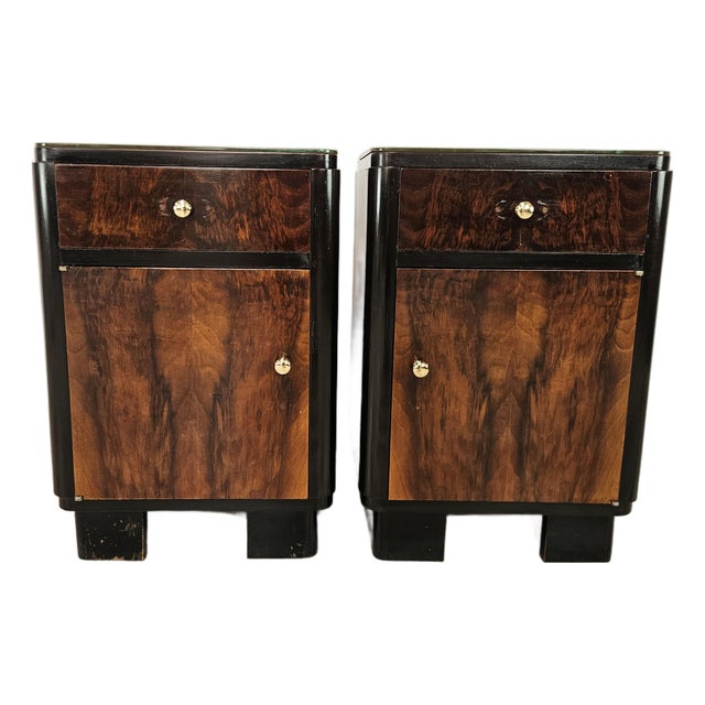Art Deco Bedside Tables in Walnut Burl with Pink Glass Tops, 1940, Set of 2 For Sale
