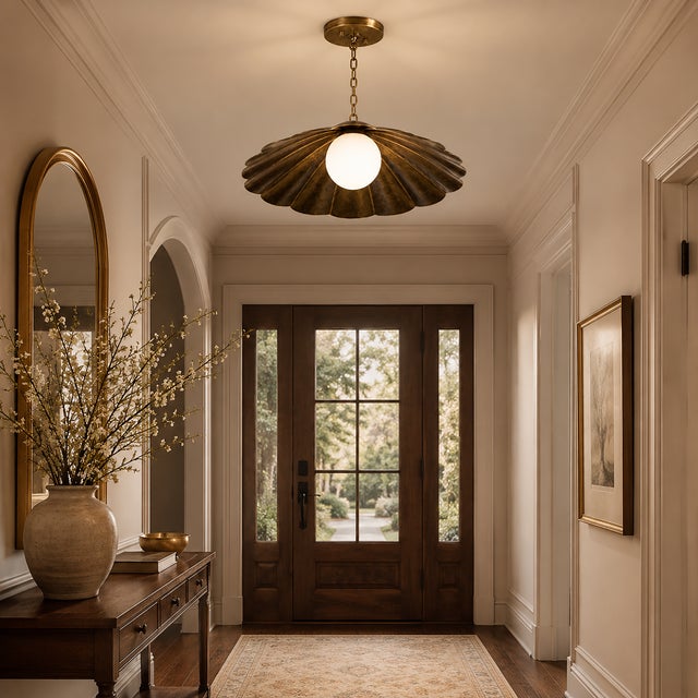 Scalloped Brass Semi Flush Ceiling Light, Vintage Flower Pendant Fixture With Milk Glass Globe For Sale - Image 12 of 12