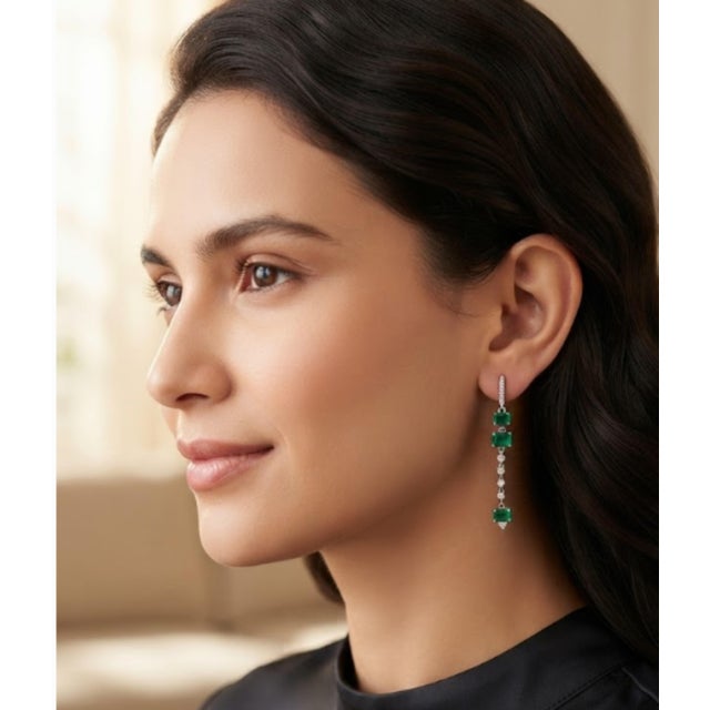 Emerald Natural 2.41cts Emerald & 0.35cts Diamond Earring in 14k White Gold For Sale - Image 8 of 8