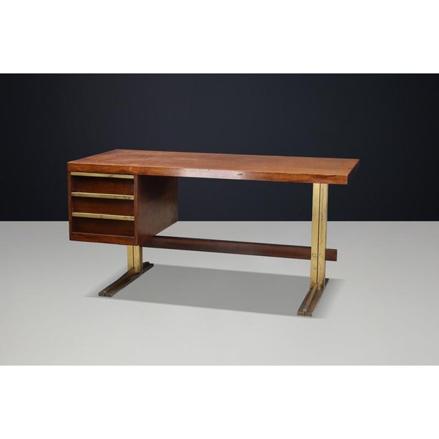 Italian Walnut Desk with Brass Base, Italy, 1950s For Sale - Image 11 of 18