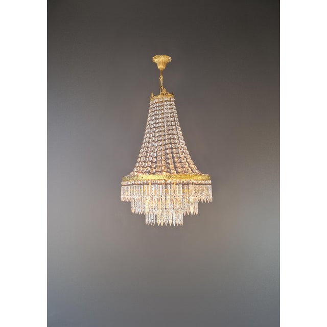 Art Deco Antique Art Nouveau Low Oval Plafonnier Crystal Chandelier Brass Lustre Ceiling For Sale - Image 3 of 13