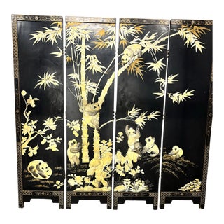 Early 19th Century Large 4 Panel, Room Divider/ Work of Art. Carved Mother-of-Pearl on Ebony Enamel Wood Depicting Family of Pandas. For Sale