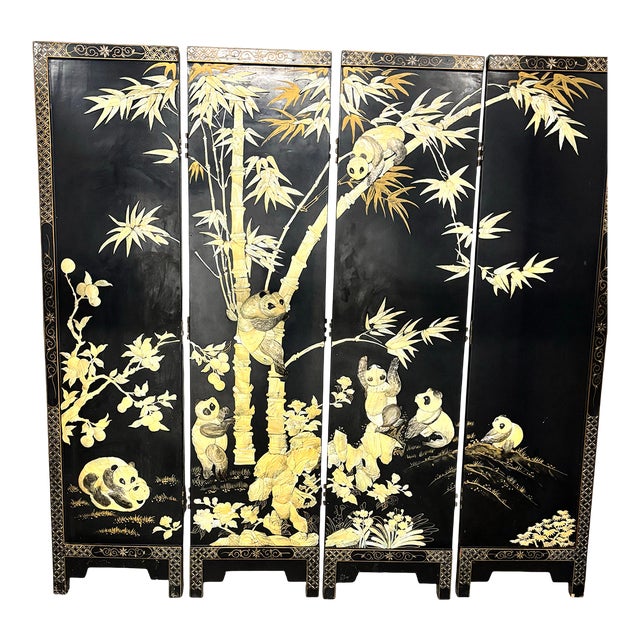 Early 19th Century Large 4 Panel, Room Divider/ Work of Art. Carved Mother-of-Pearl on Ebony Enamel Wood Depicting Family of Pandas. For Sale