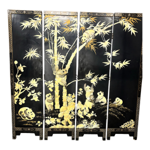 Early 19th Century Large 4 Panel, Room Divider/ Work of Art. Carved Mother-of-Pearl on Ebony Enamel Wood Depicting Family of Pandas.