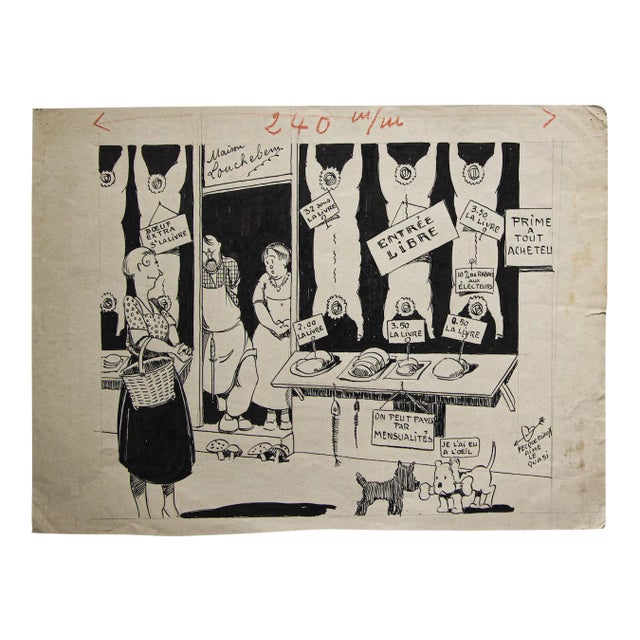 Pecqueriaux, Butcher, 20th Century, Original Drawing in Pen For Sale