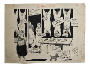 Pecqueriaux, Butcher, 20th Century, Original Drawing in Pen