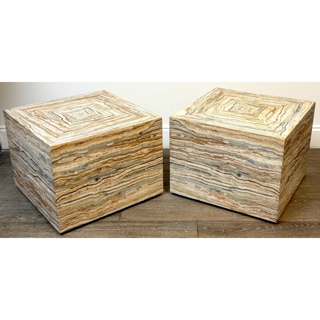 Pair Italian Specimen Travertino Oniciato Cube Side Tables, Style of Romeo Rega For Sale - Image 13 of 18