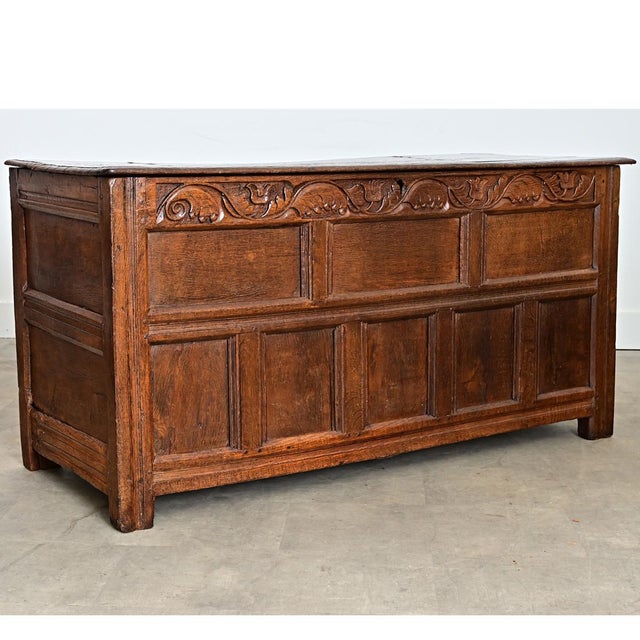 French 18th Century Solid Oak Carved Coffer For Sale - Image 12 of 13
