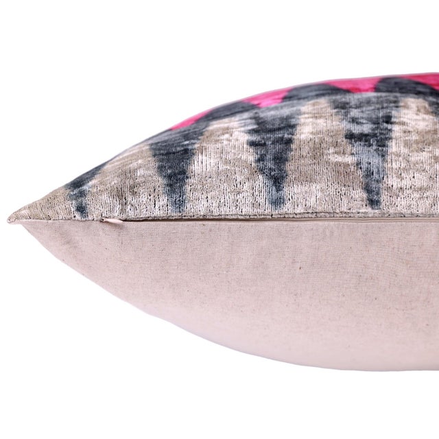 Textile Handmade Velvet Zigzag Pillow – 24x24" Magenta & Gray Silk Cushion For Sale - Image 7 of 8