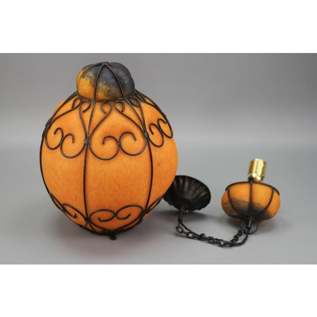 Venetian Style Pâte de Verre Glass Metal Caged Lantern Pendant Light For Sale - Image 15 of 18